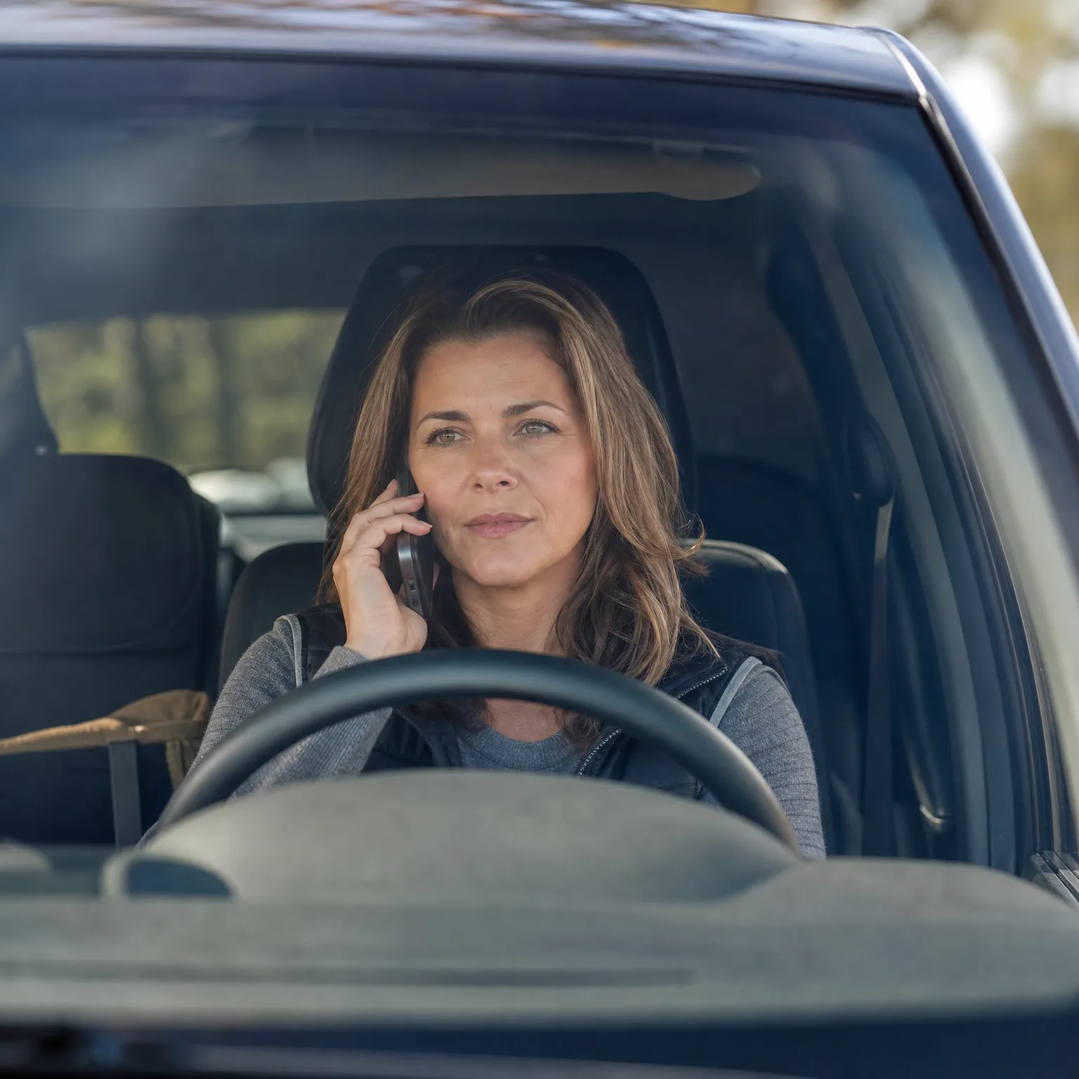 A woman sits in the driver's seat of a vehicle holding a phone to her ear, viewed through the windshield with a steering wheel in the foreground.