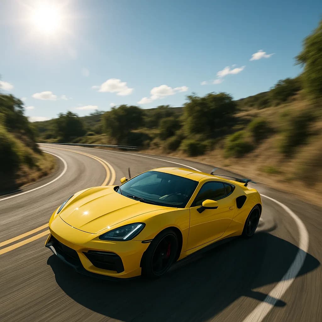 Yellow sports car driving on curved mountain road with hills and blue sky in background