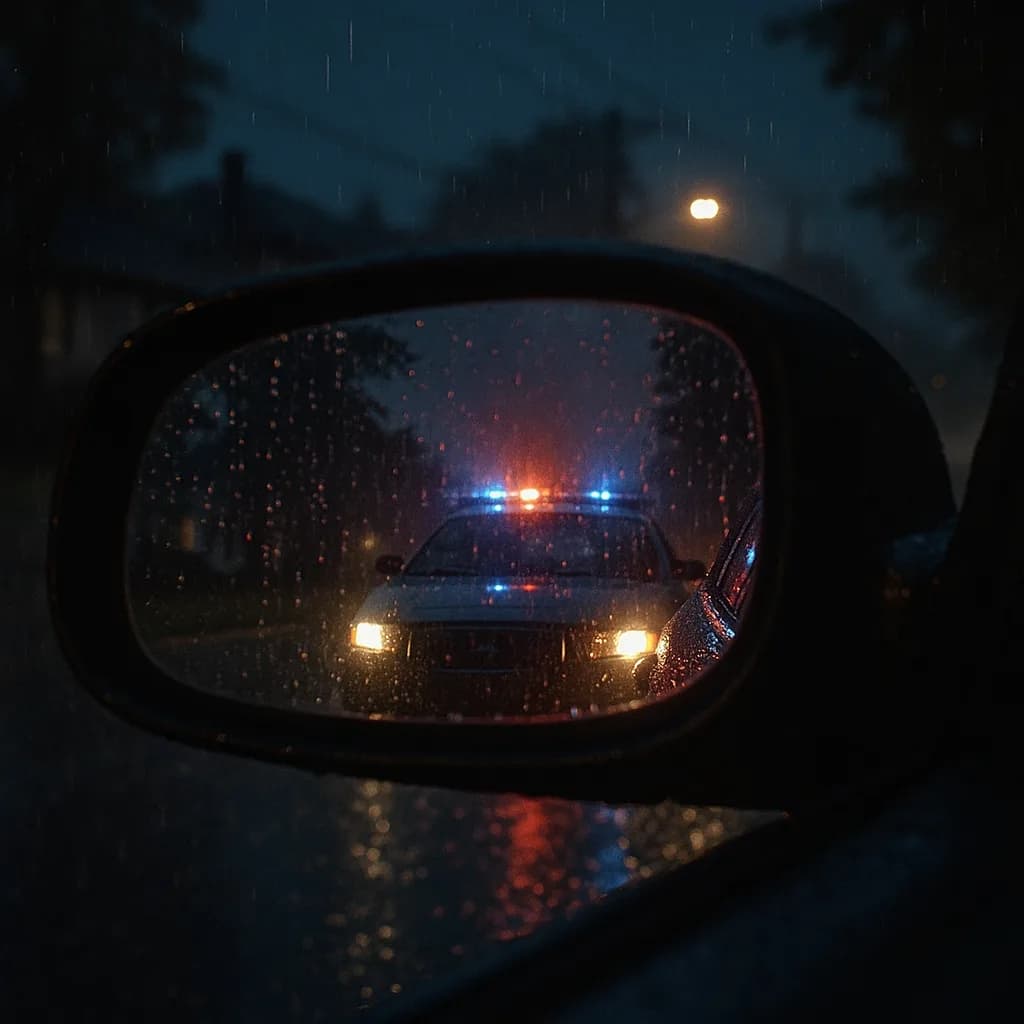 Police car with emergency lights visible in rain-covered side mirror at night