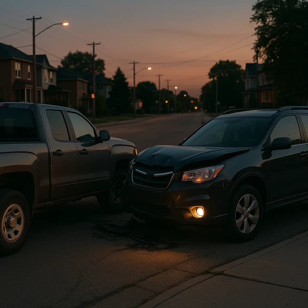 Two parked cars on residential street at dusk with street lights and houses in background