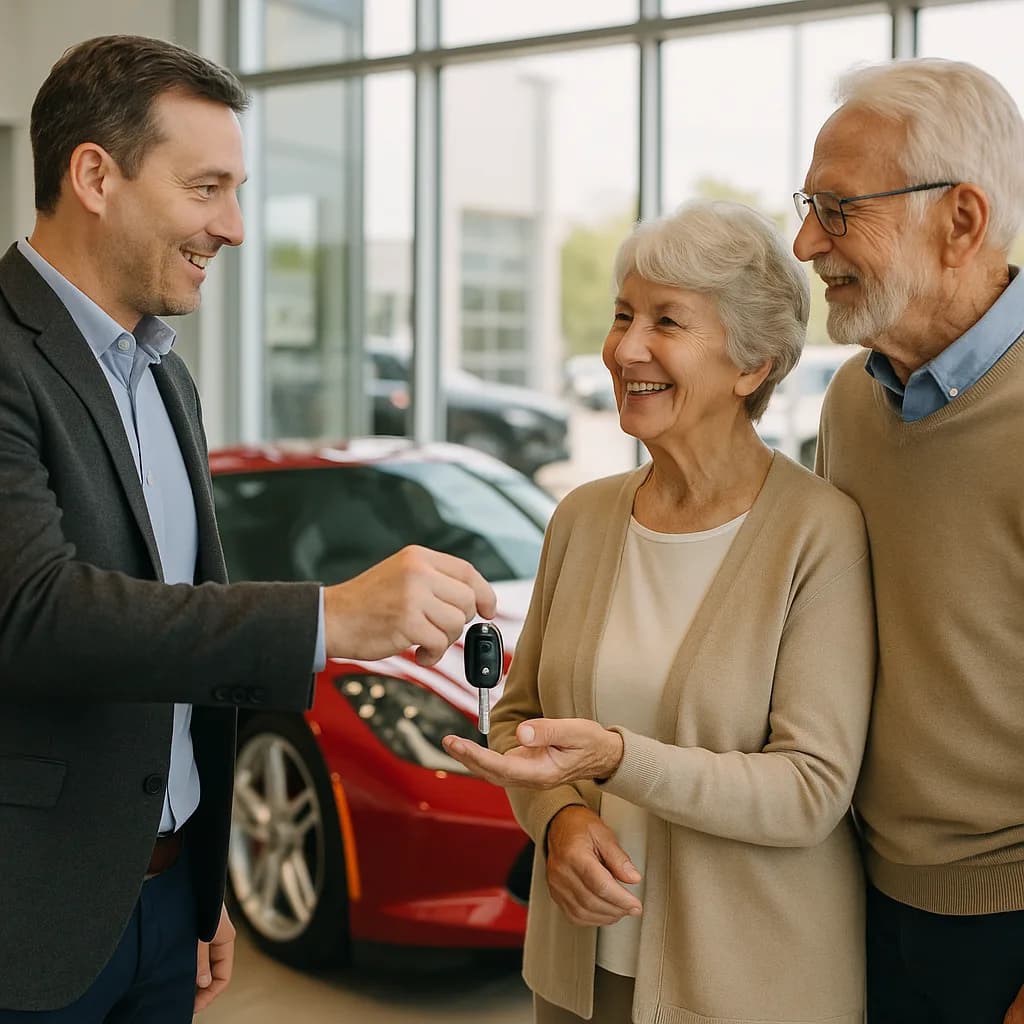 Car salesman handing keys to senior couple at dealership with red car in background