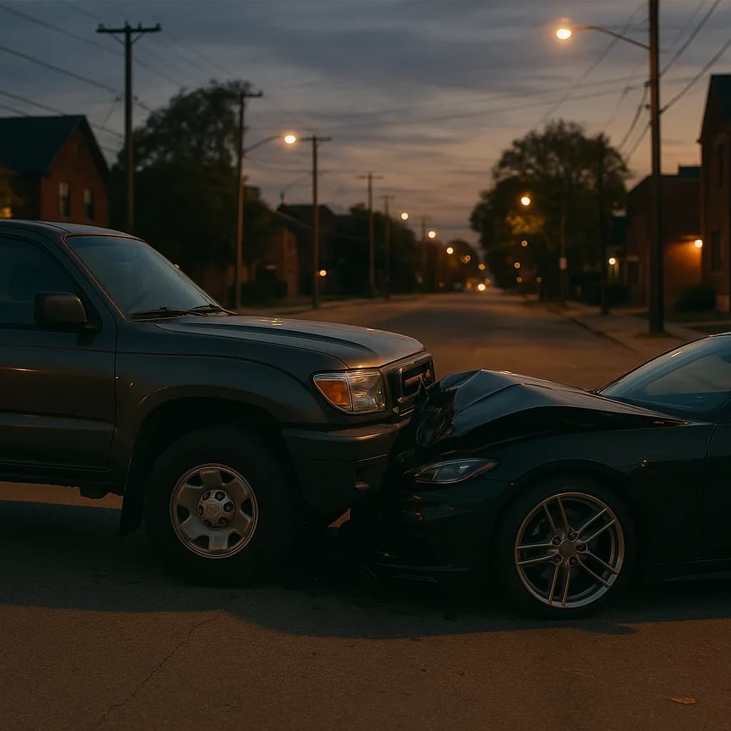 Two cars in a front-end collision on a residential street at dusk with streetlights illuminated in background