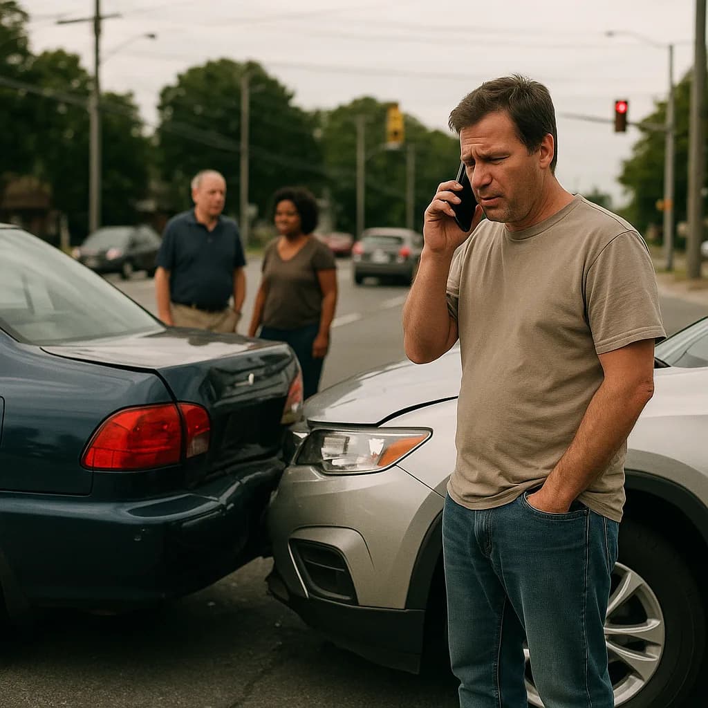 Man calling insurance company on phone after car accident with damaged vehicles in background