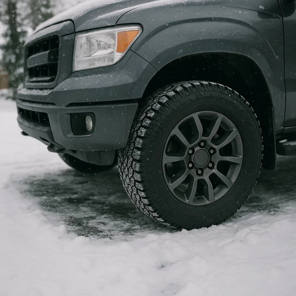 Dark gray SUV front wheel with winter tire in snowy conditions