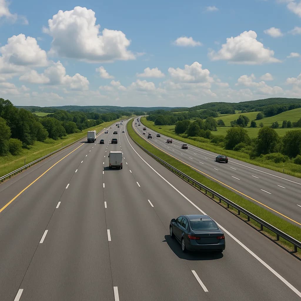 Multi-lane highway with light traffic winding through green rolling hills under blue sky with white clouds