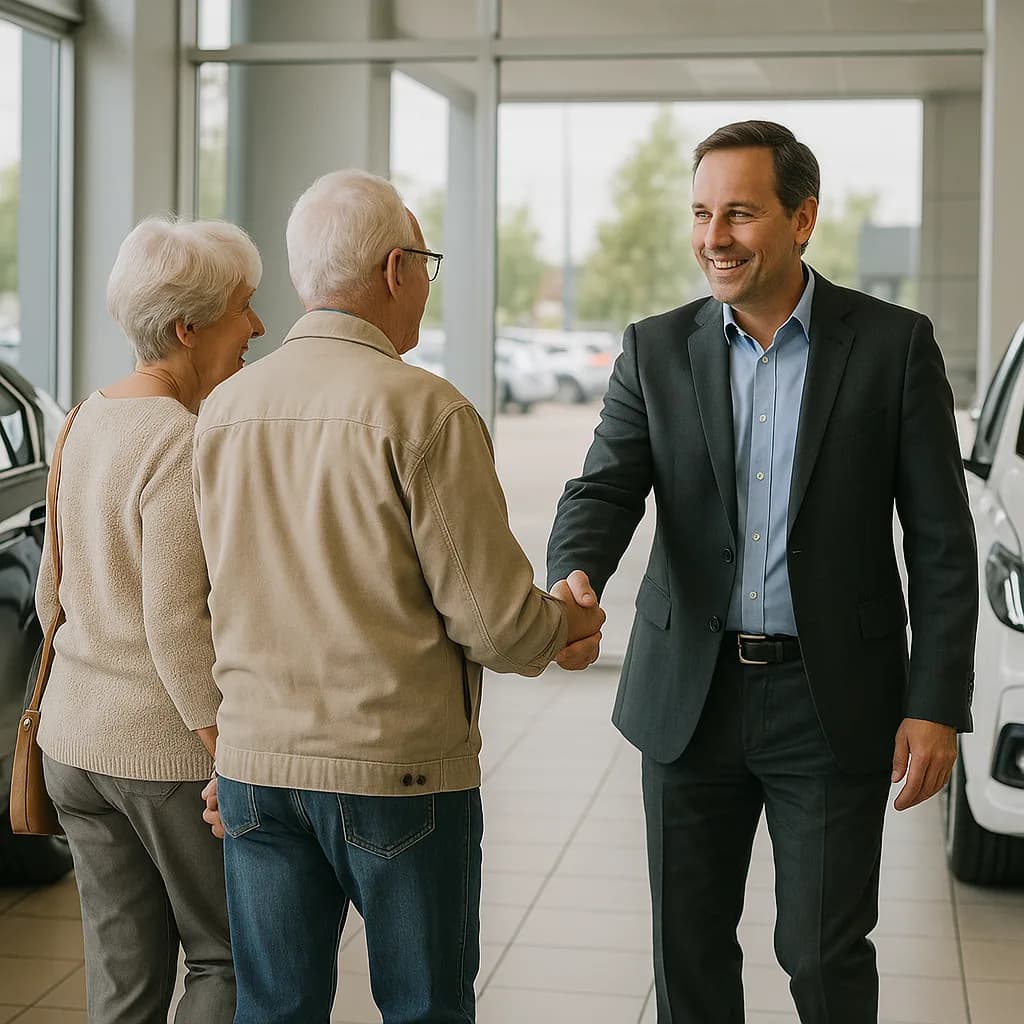 Car salesman shaking hands with elderly couple in bright modern dealership showroom