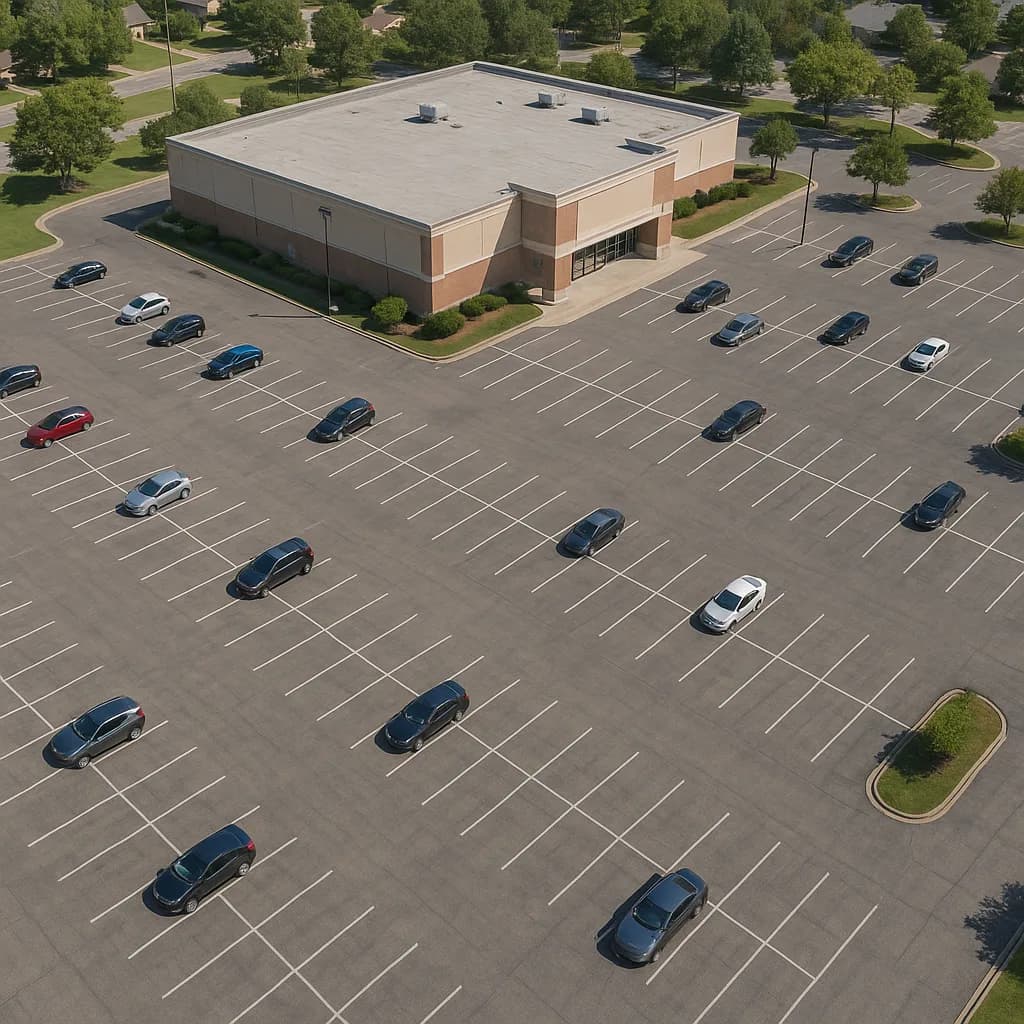 Aerial view of commercial building with sparse parking lot containing scattered vehicles and landscaping