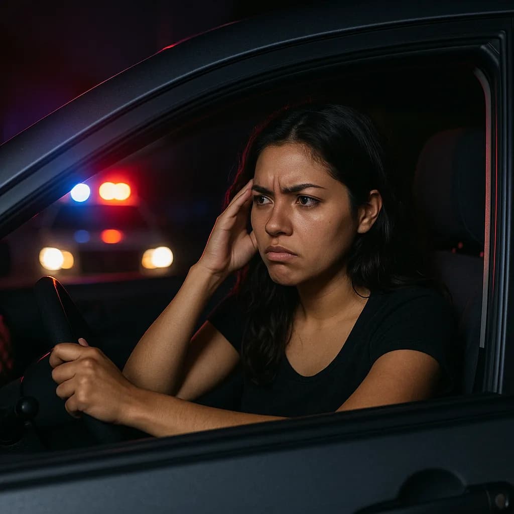 Stressed woman driver with hand on head during police traffic stop at night with flashing lights visible