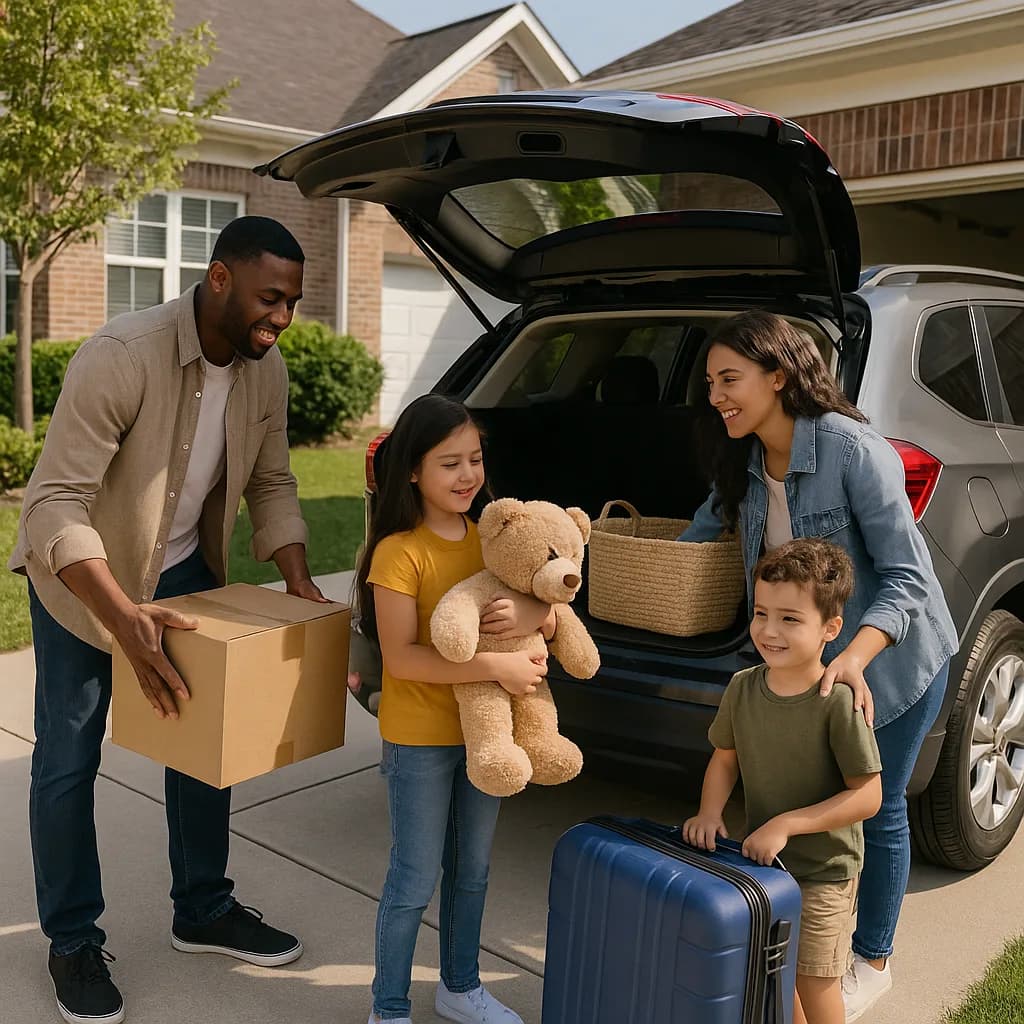 Family unpacking car with boxes and luggage in suburban home driveway
