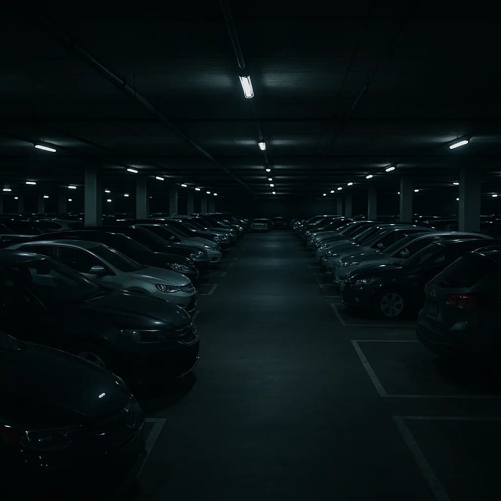 Dark underground parking garage with rows of cars and fluorescent ceiling lights