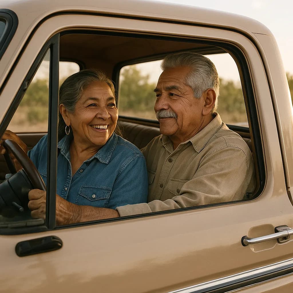 Happy senior couple smiling together in vintage beige pickup truck during golden hour