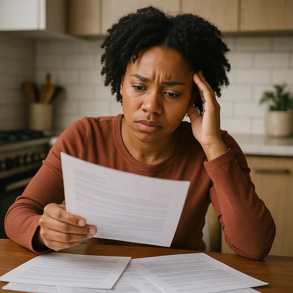 Stressed woman reviewing financial documents at kitchen table with hand on temple