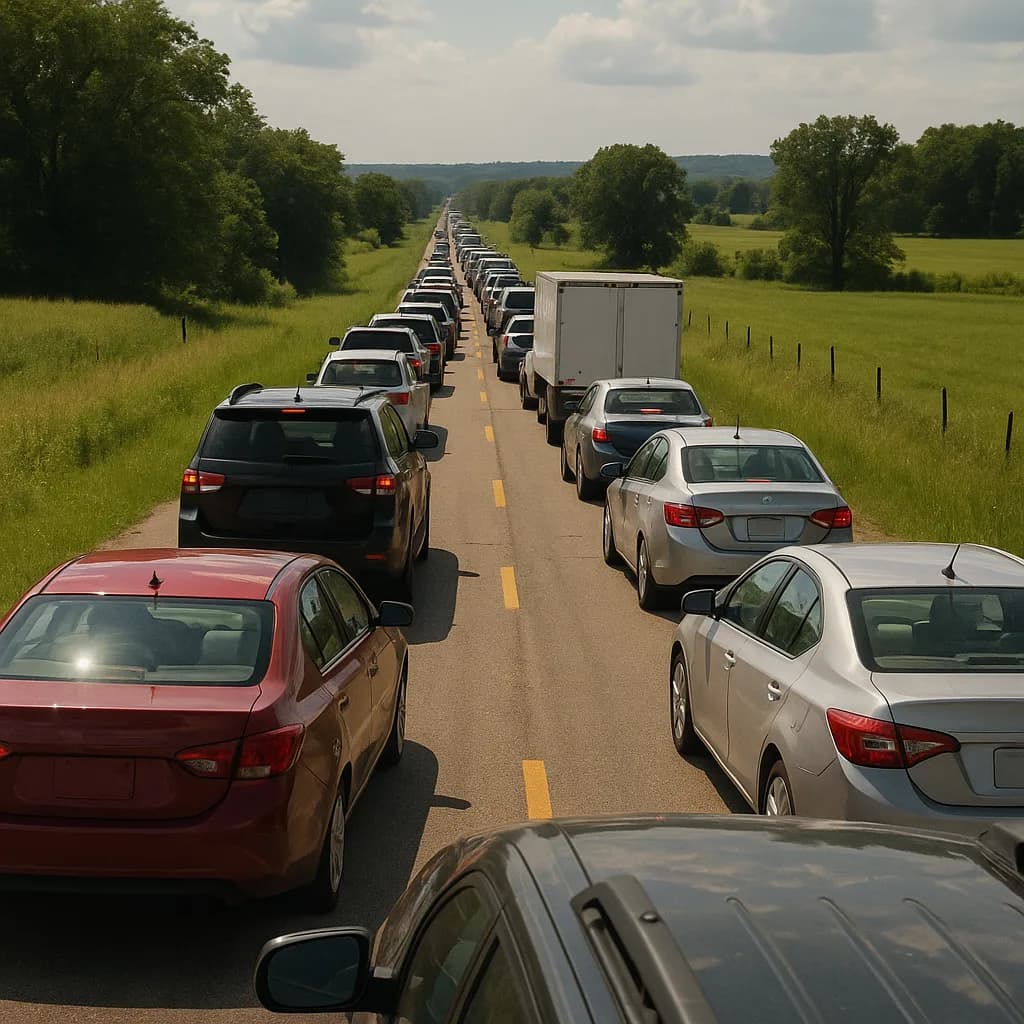 Heavy traffic congestion on rural highway with cars backed up in both lanes through countryside
