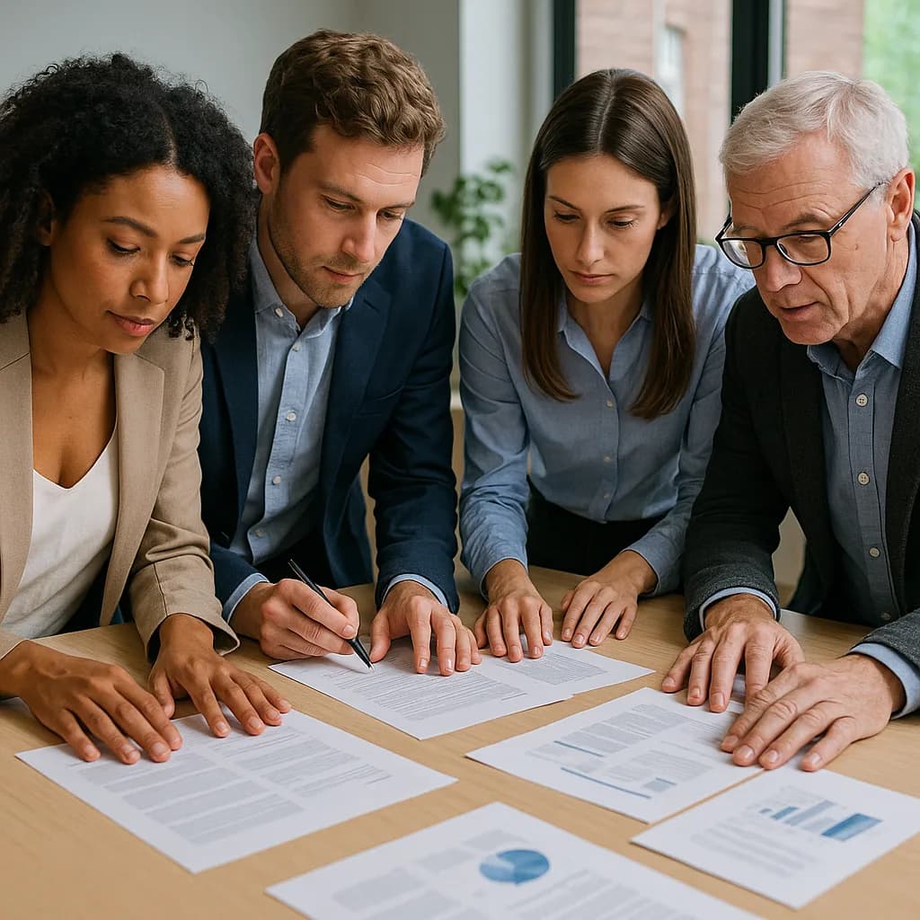 Four business professionals reviewing documents and charts together at a conference table in an office