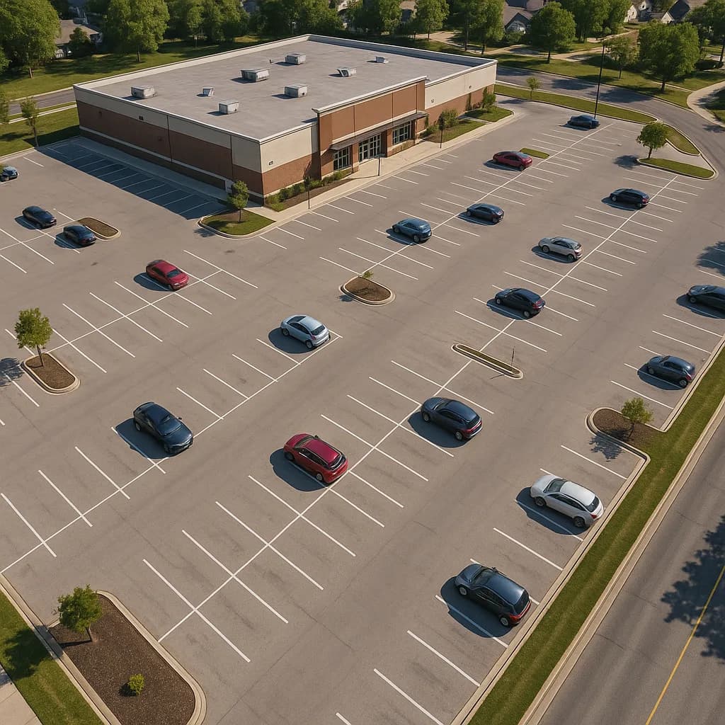Aerial view of suburban commercial building with parking lot containing scattered cars and landscaped islands