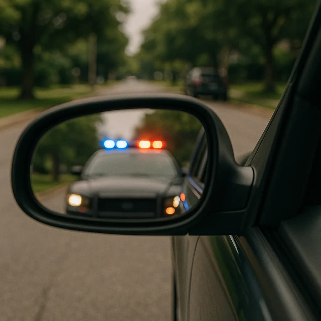 Police car with flashing lights visible in car side mirror on tree-lined road
