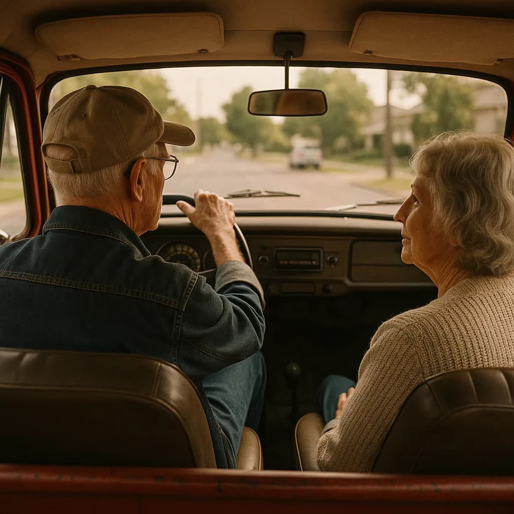 Elderly couple driving together in vintage car, viewed from back seat with warm nostalgic lighting