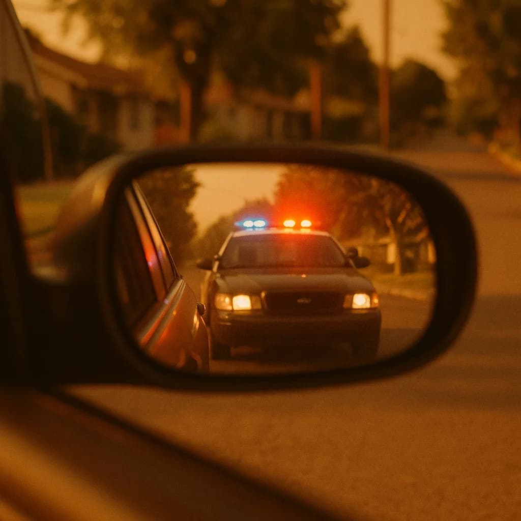 Police car with flashing lights reflected in vehicle side mirror at dusk