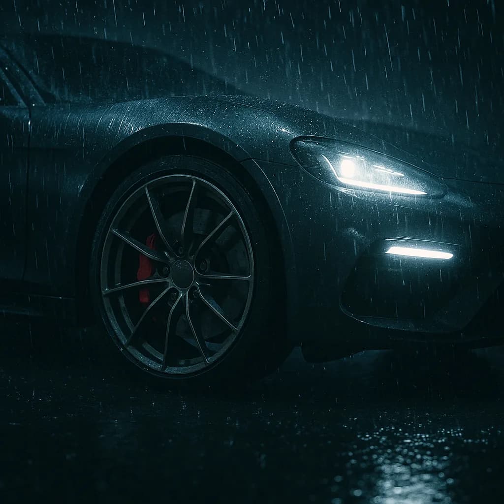 Luxury sports car front wheel and headlight in heavy rain at night with dramatic lighting