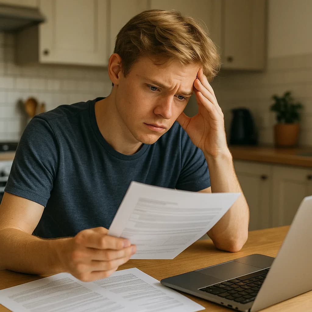 Stressed young man reviewing documents at kitchen table with laptop, hand on forehead showing concern