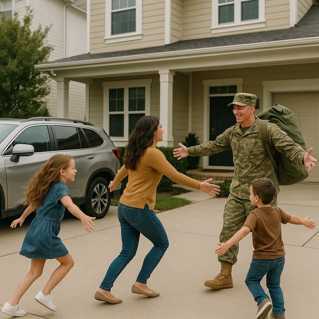 Military service member reuniting with family in driveway during homecoming