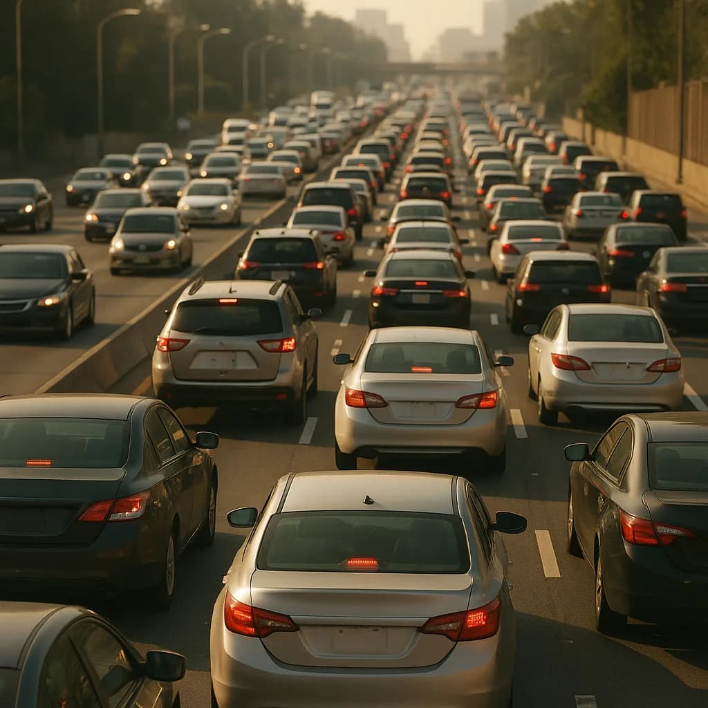 Heavy traffic congestion on multi-lane highway with rows of cars at standstill during daytime