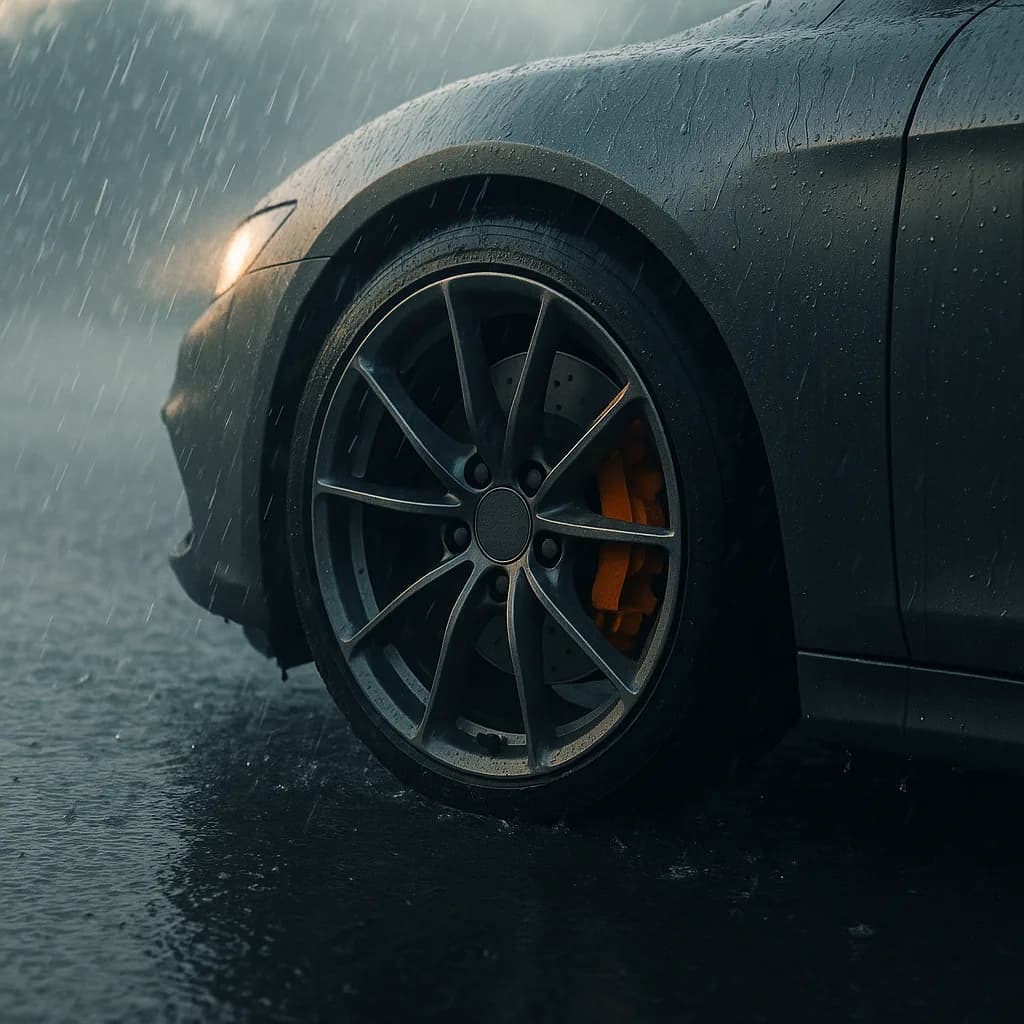 Close-up of sports car wheel with orange brake calipers in rain on wet pavement