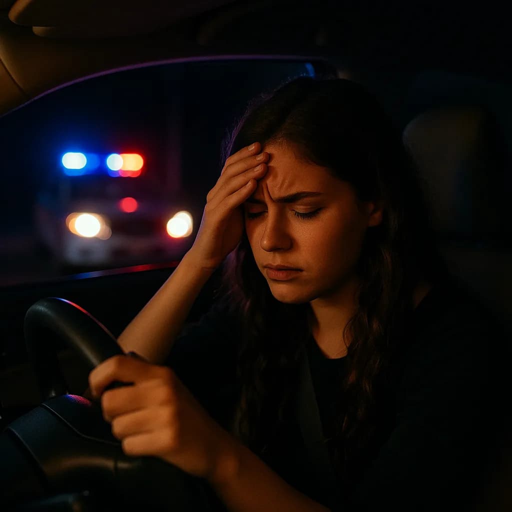 Worried woman in car at night with police lights visible in background