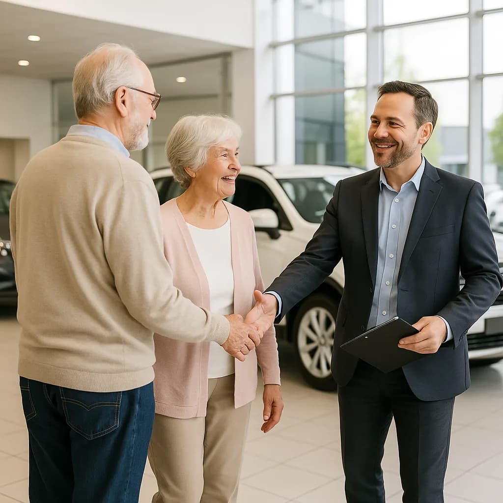 Car salesman shaking hands with senior couple in modern auto dealership showroom