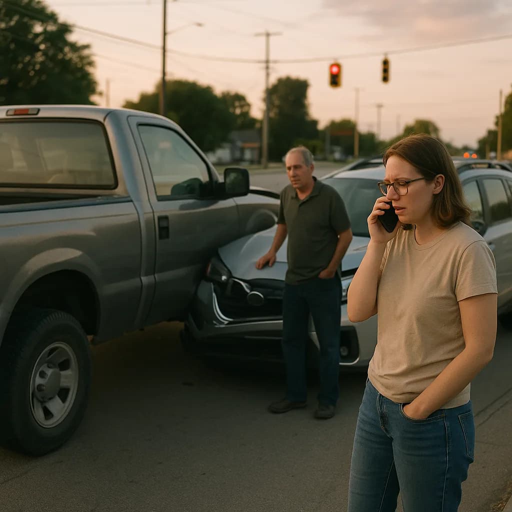 Woman calling for help after car accident at intersection with damaged vehicles in background